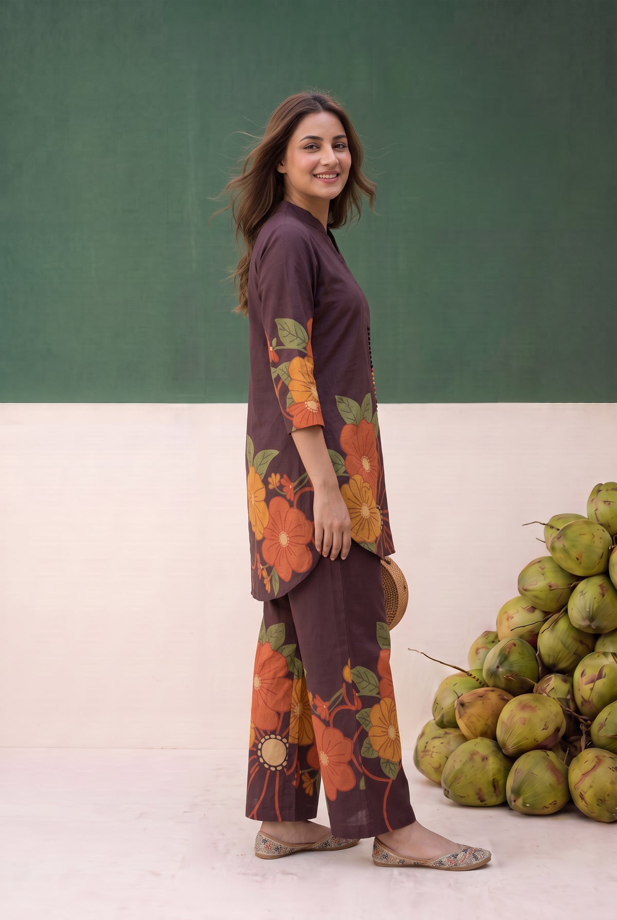 Brown Contrast Floral Printed Cotton Co-ord Set