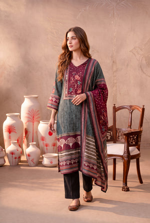 Multicolour Printed Natural Crepe Kurta Set with Dupatta
