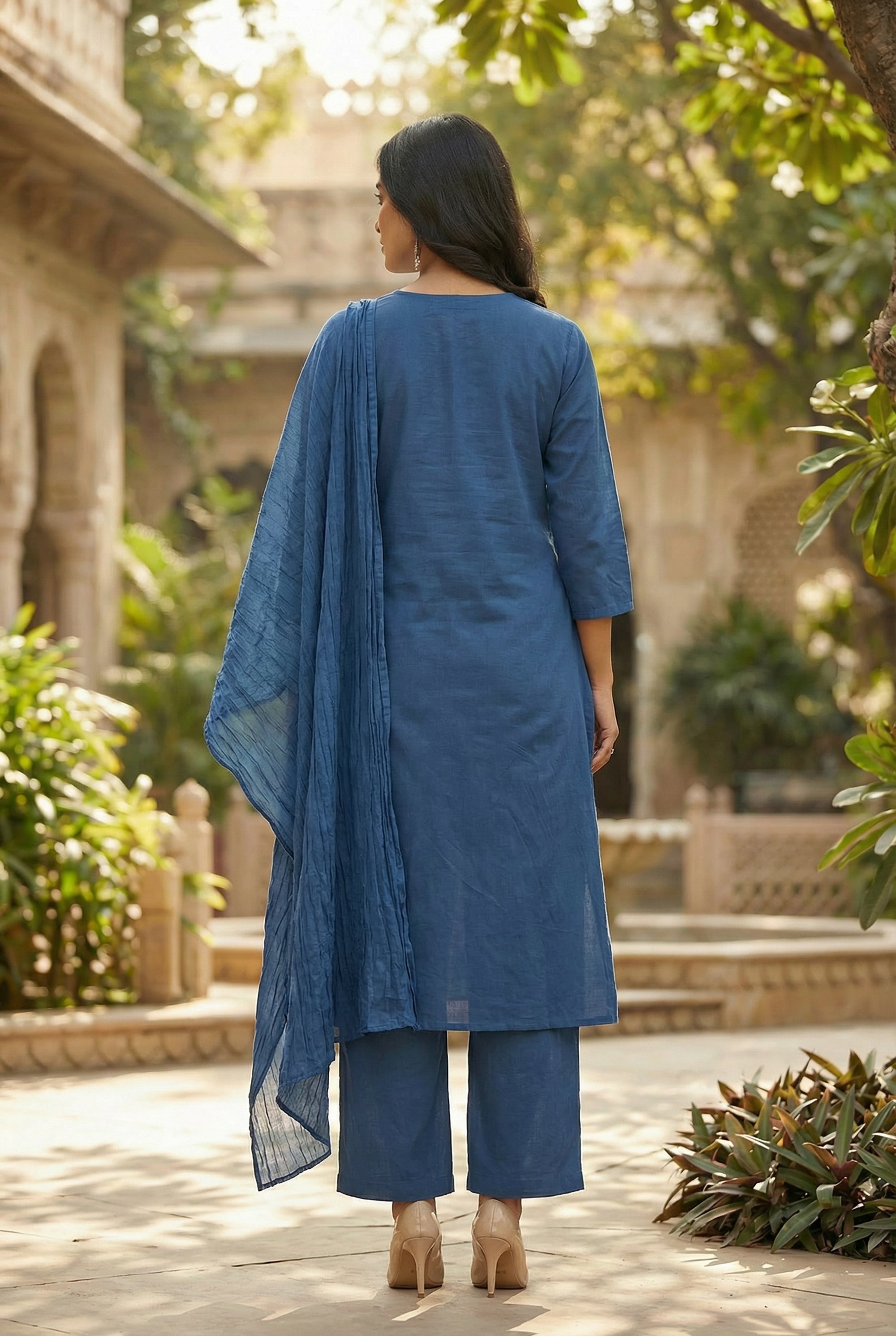 Blue Botanical Nature Leaf Embroidered Cotton Kurta Pant Set with Dupatta