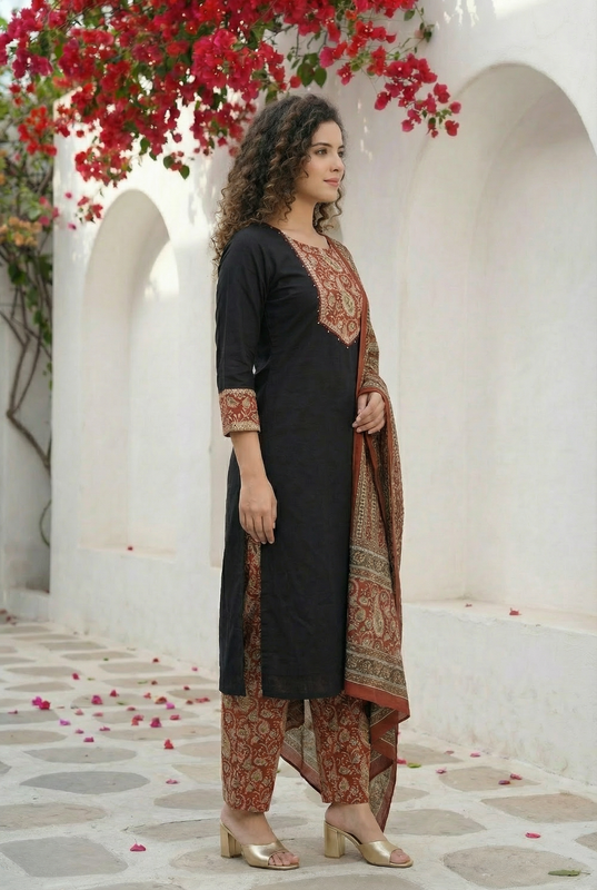 Classic Black Ethnic Kurta Set with Printed Dupatta