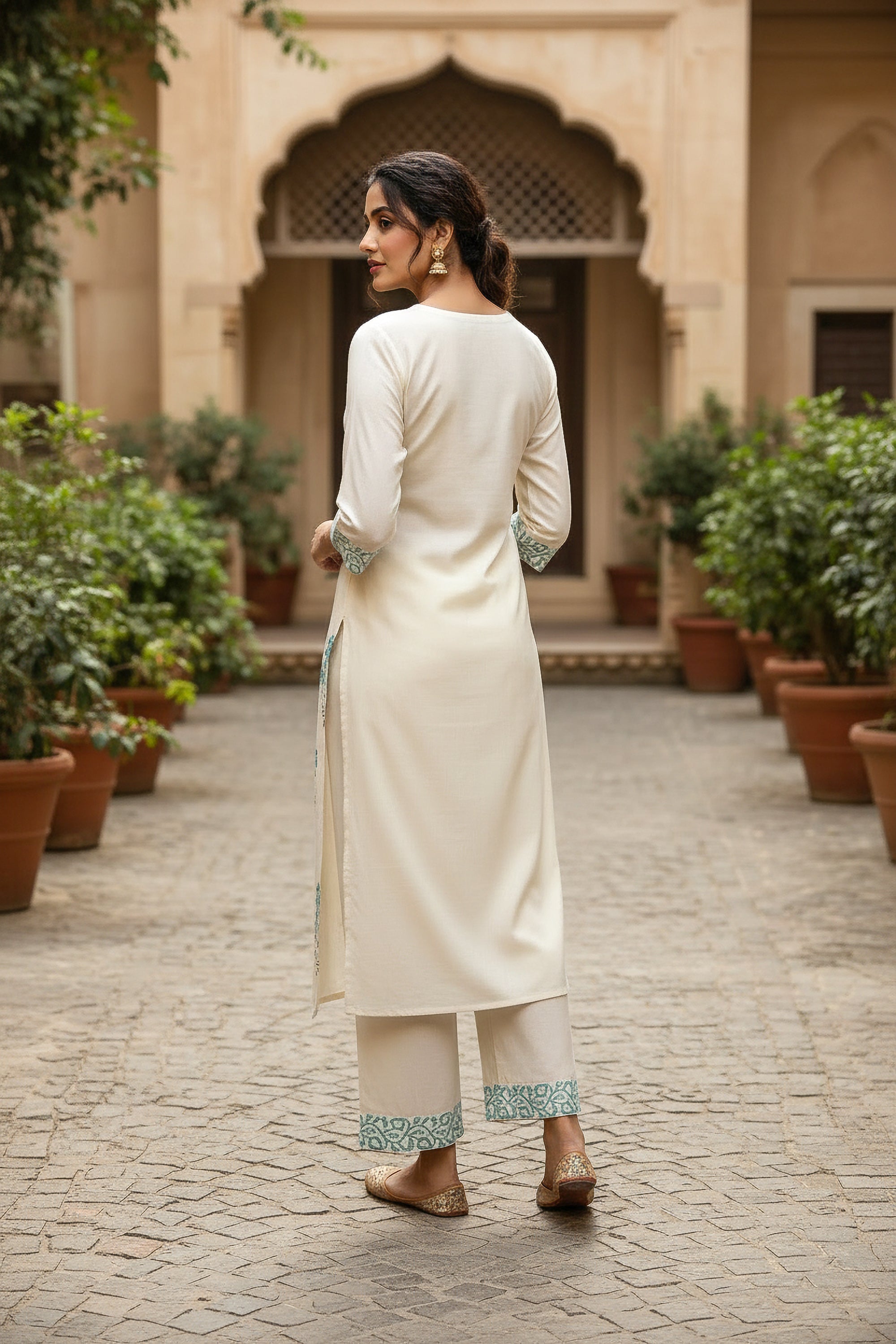 Cream & Aqua Floral Printed Straight Kurta with Palazzo Pants