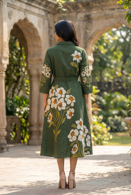 Forest Green Floral Cotton Printed A-Line Dress with Tie-Up Waist