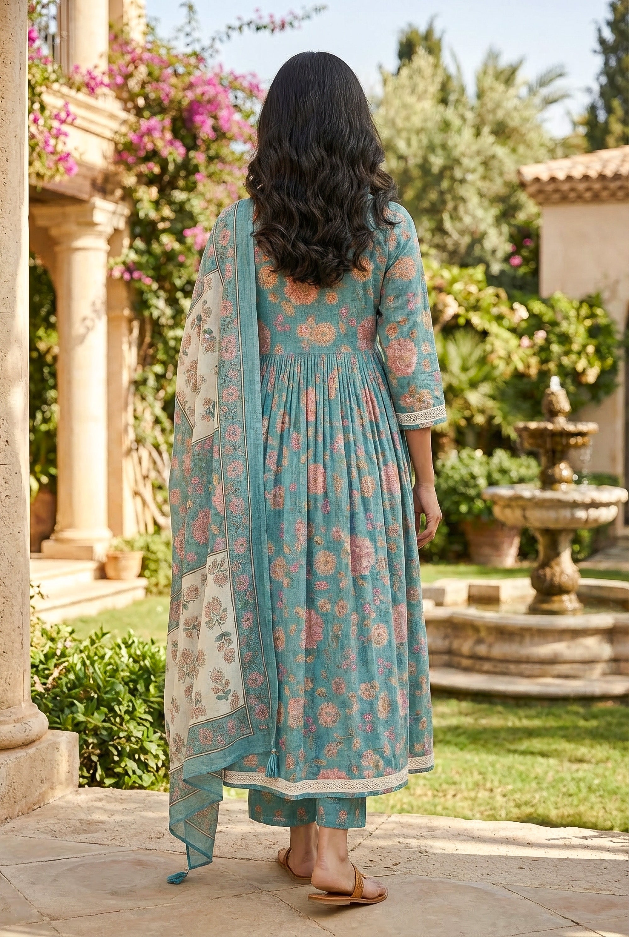 Elegant Teal Floral Anarkali Kurta Pant Set with Dupatta