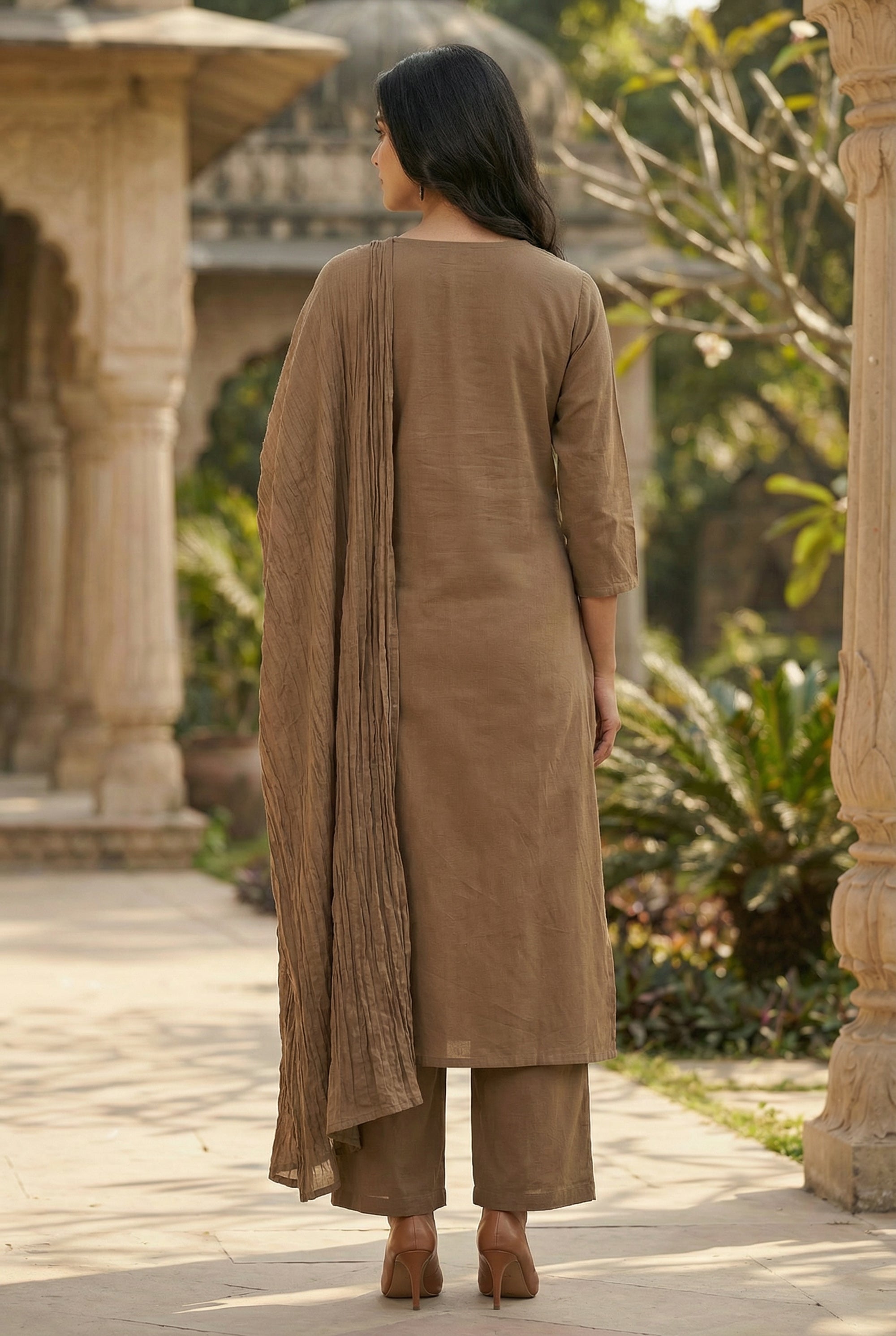 Brown Bird & Leaf Embroidered Cotton Kurta with Straight Pants & Dupatta