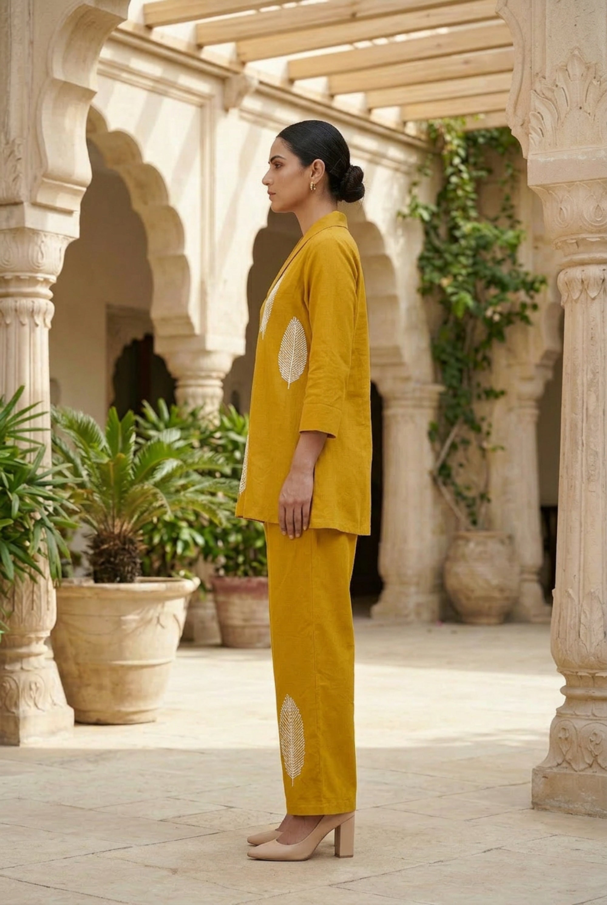 Mustard Nature Leaf Embroidered Two-Piece Cotton Co-ord Set