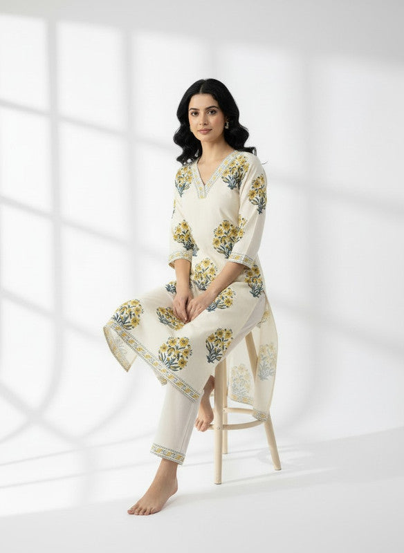 Classic Ivory & Mustard Botanical Printed Kurta Pant Set