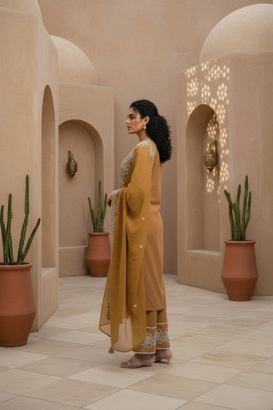 Brown Embroidered Kurta Pant Set with Dupatta