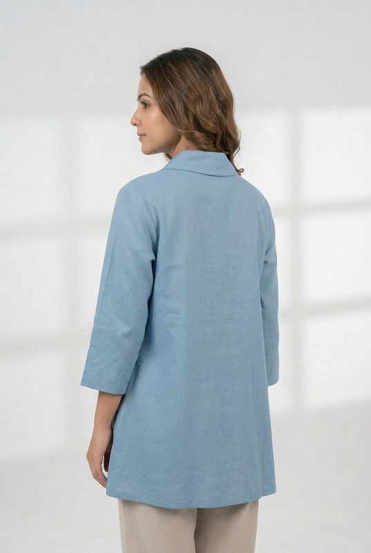 Blue Leaf Motif Embroidered Cotton Flex Relaxed Fit Shirt Style Top