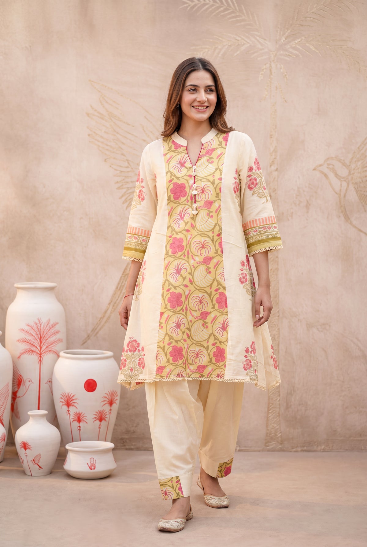 Cream Floral Printed Mul Cotton Kurta Set