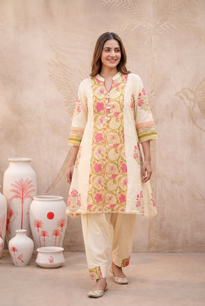 Cream Floral Printed Mul Cotton Kurta Set