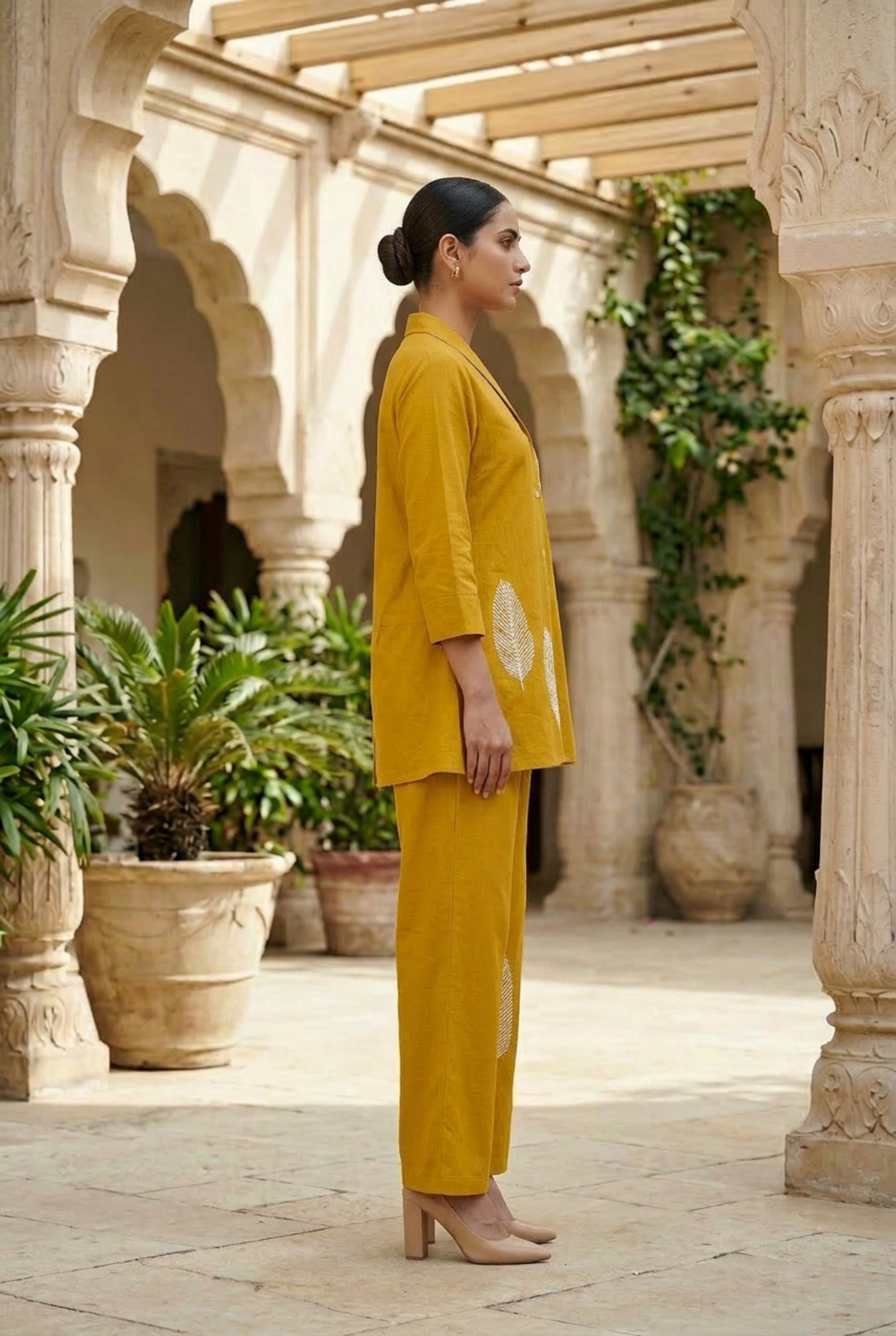 Mustard Nature Leaf Embroidered Two-Piece Cotton Co-ord Set