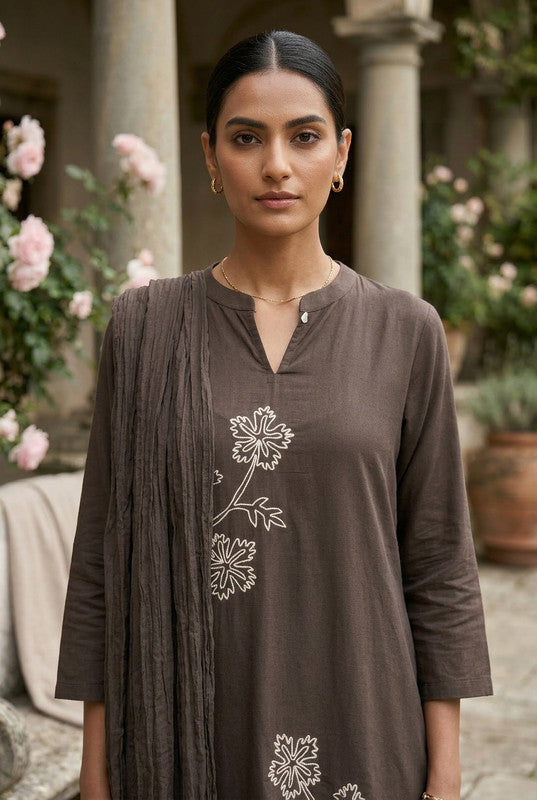 Brown Floral Embroidered Ethnic Cotton Kurta Pant with Matching Dupatta