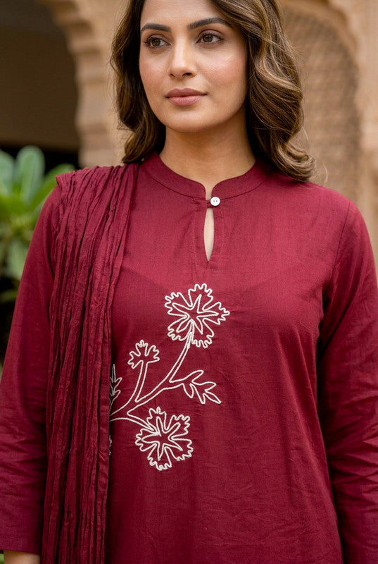 Maroon Charm Floral Embroidered Cotton Kurta Set with Tassel Dupatta