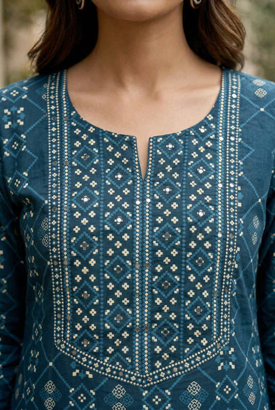 Teal Mughal Heritage Printed Cotton Kurta Set with Dupatta