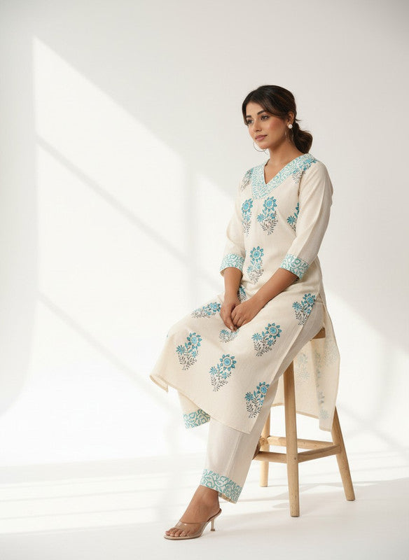 Cream & Aqua Floral Printed Straight Kurta with Palazzo Pants