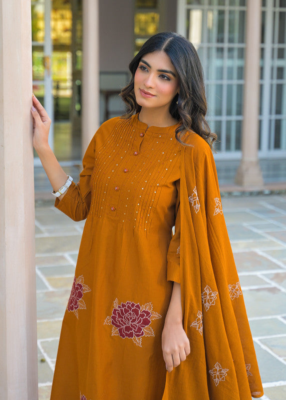 Mustard Ethnic Motif Embroidered Kurta Pant Set with Dupatta