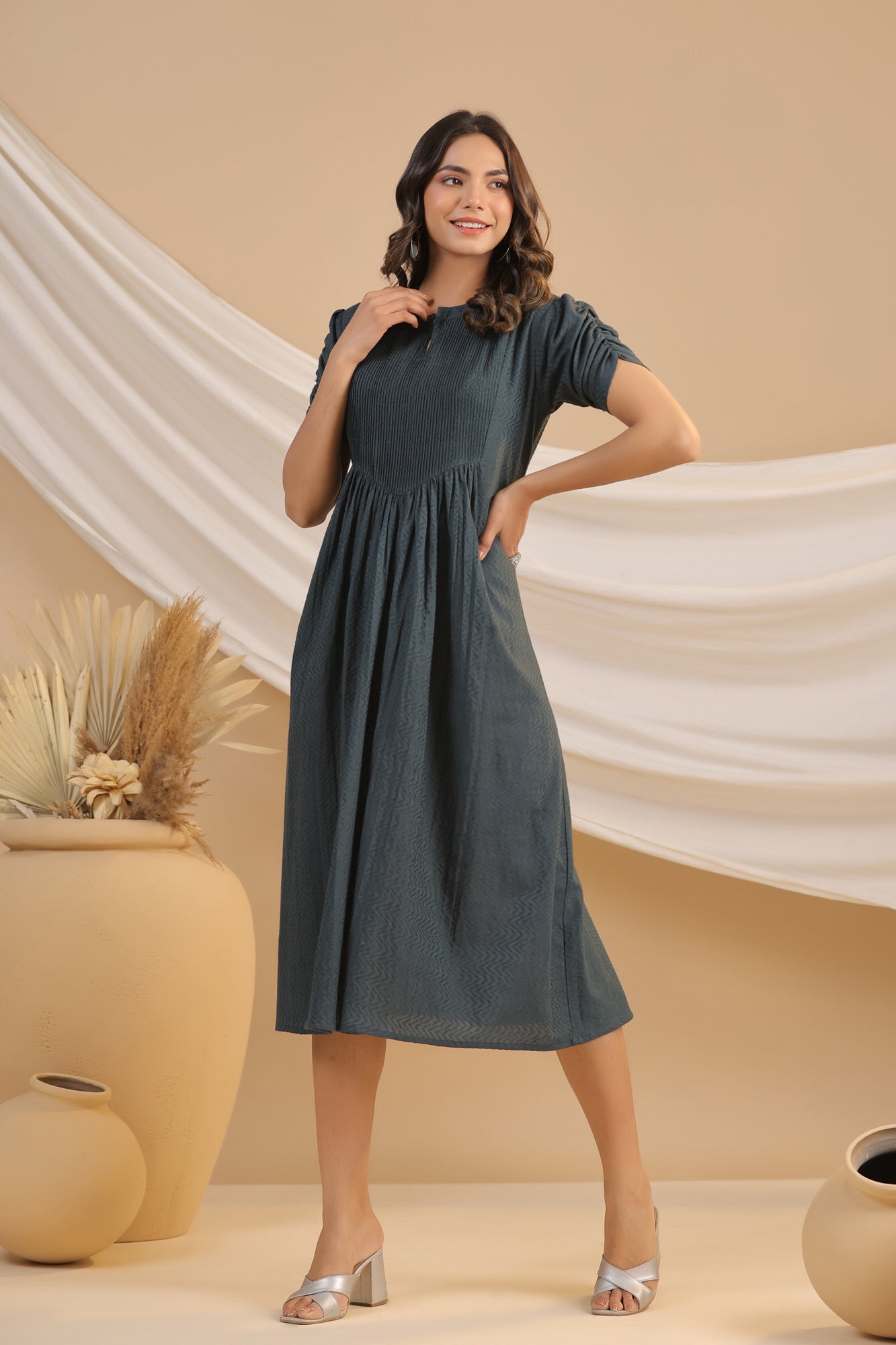 Greige Cotton Flex Pintuck Dress