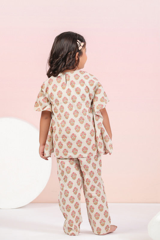 Cream Floral Cotton Kaftan Pyjama Set