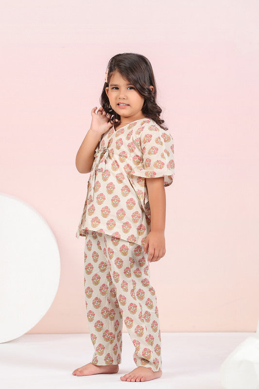 Cream Floral Cotton Kaftan Pyjama Set