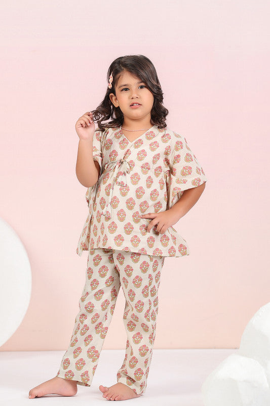 Cream Floral Cotton Kaftan Pyjama Set