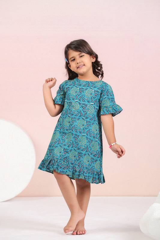 Azure Blossom Blue Cotton Kids Dress