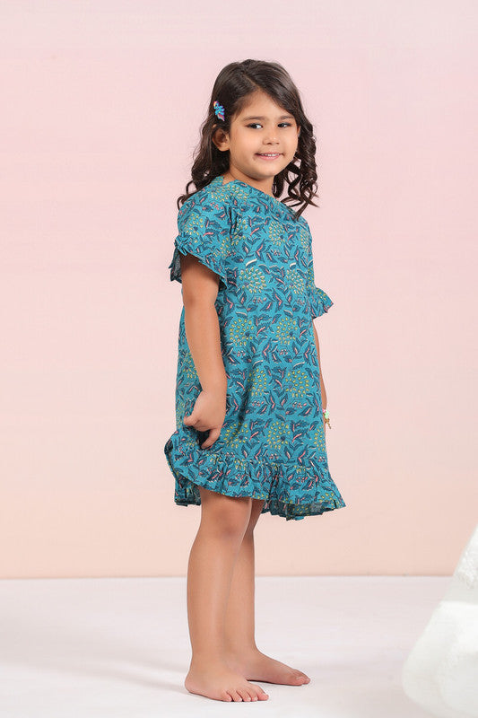 Azure Blossom Blue Cotton Kids Dress