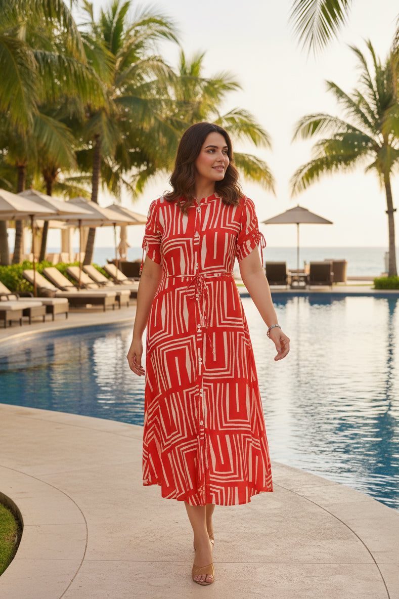 Contemporary Red Graphic Pattern Russian Silk Shirt Dress