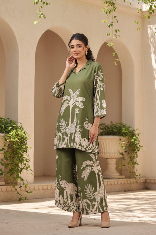 Tropical Jungle Olive Printed Russian Silk Co-ord Set