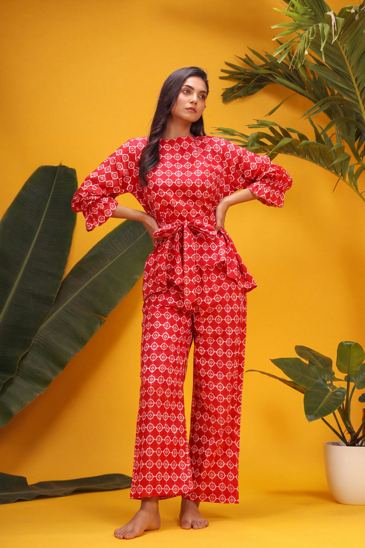 White Glitched Mandala on Red Cotton Co-ord Set