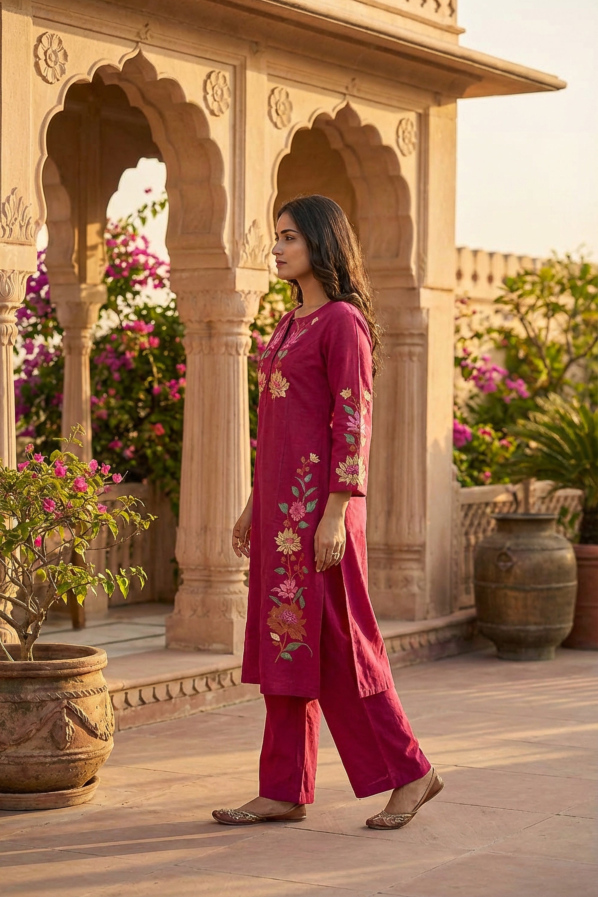 Pink Floral Embroidered Motif Cotton Flex Co-ord Set