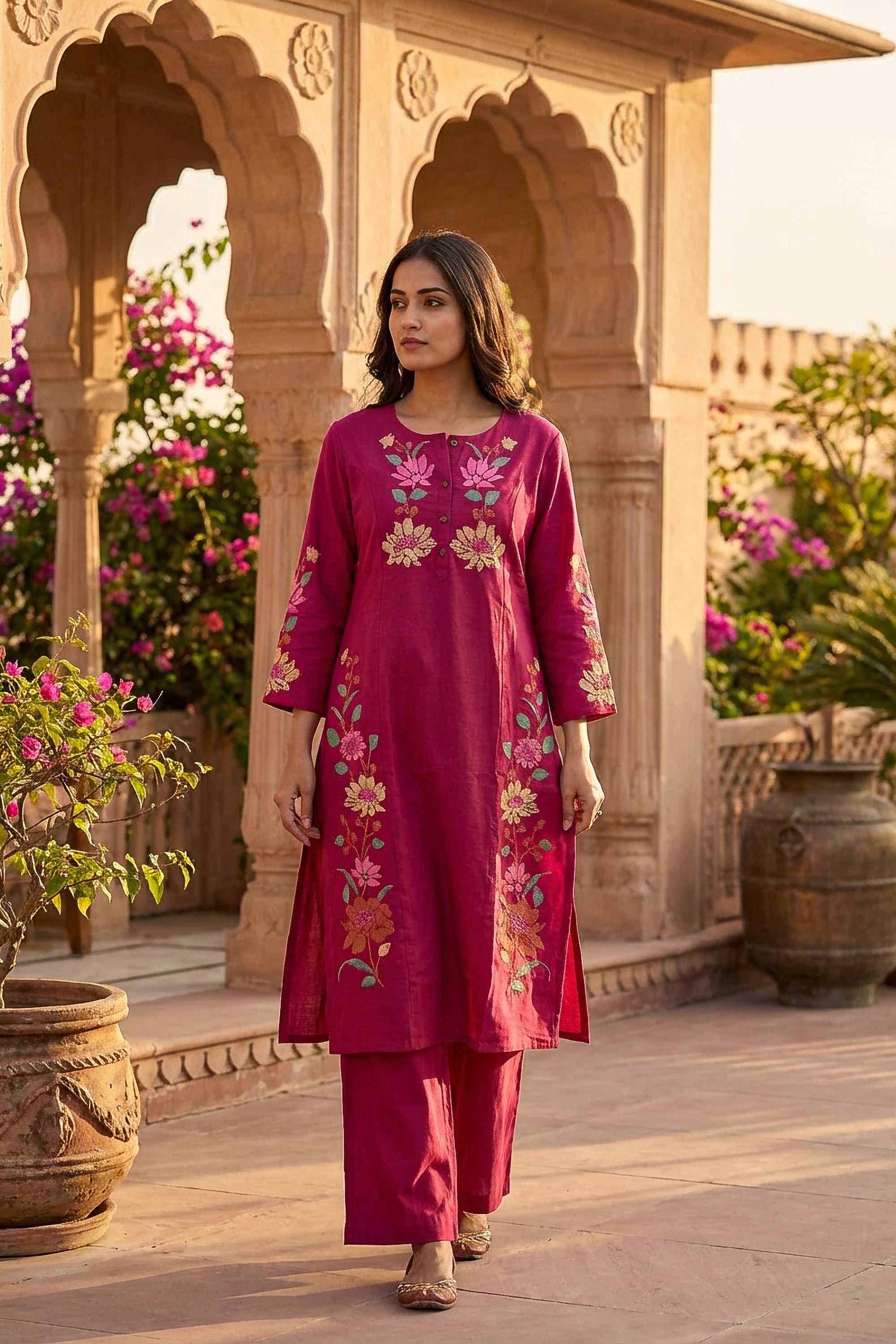 Pink Floral Embroidered Motif Cotton Flex Co-ord Set