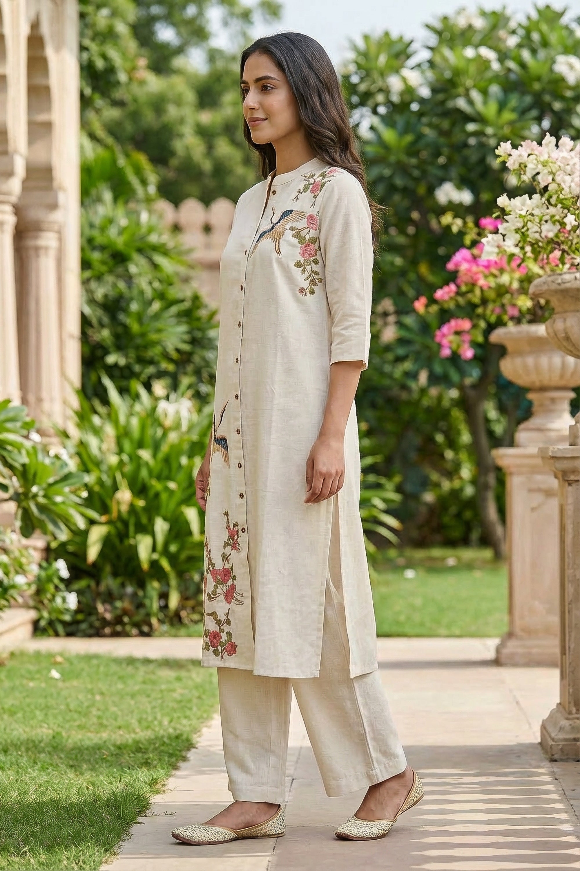 Off-White Crane Embroidered Cotton Flex Co-ord Set