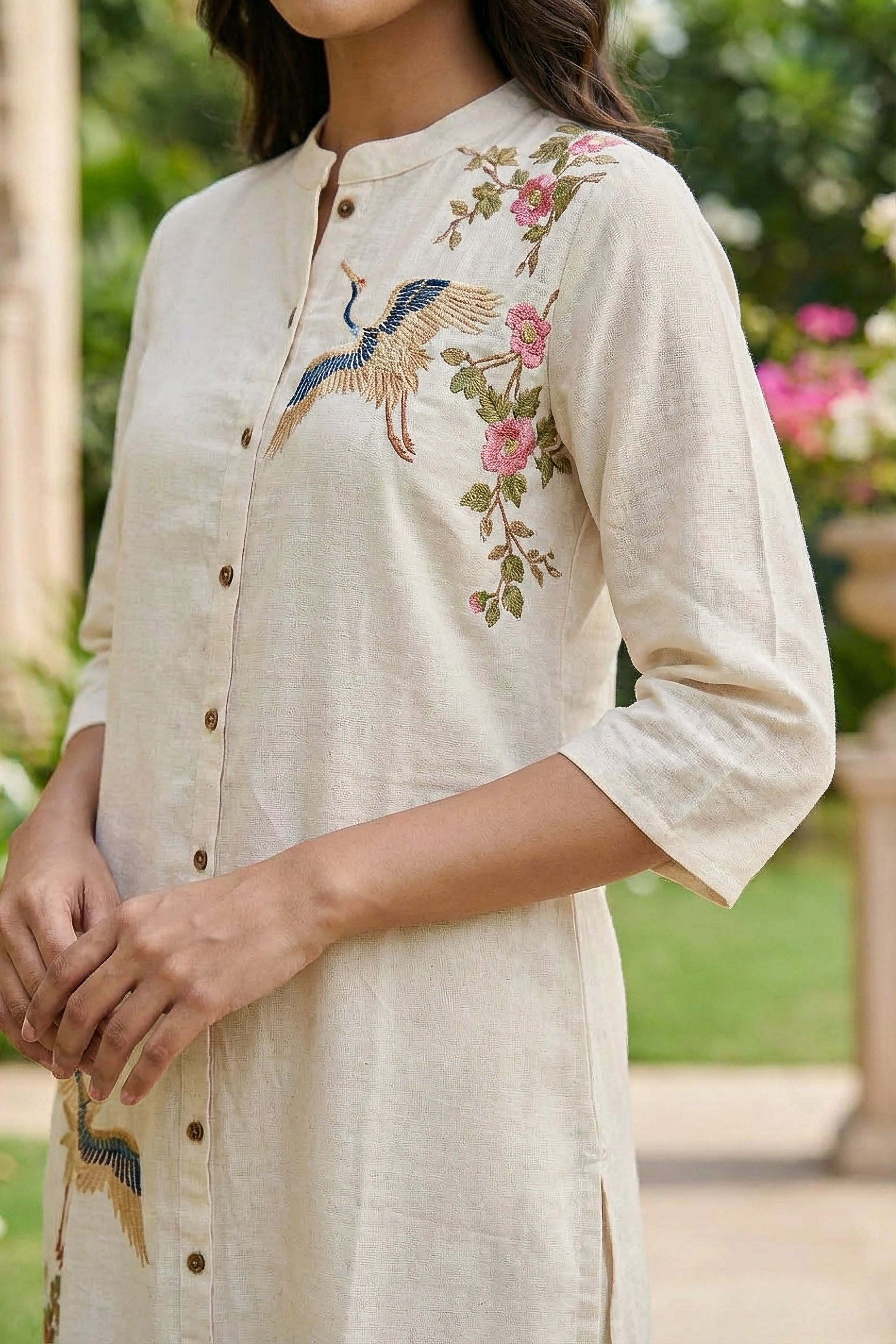 Off-White Crane Embroidered Cotton Flex Co-ord Set