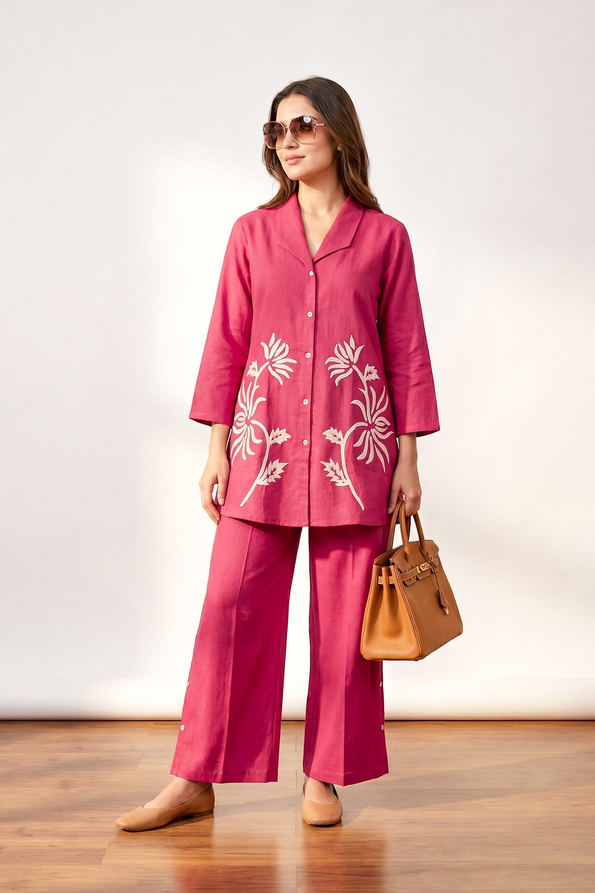 Fuchsia Floral Embroidery Shirt Collar Cotton Flex Co-ord Set