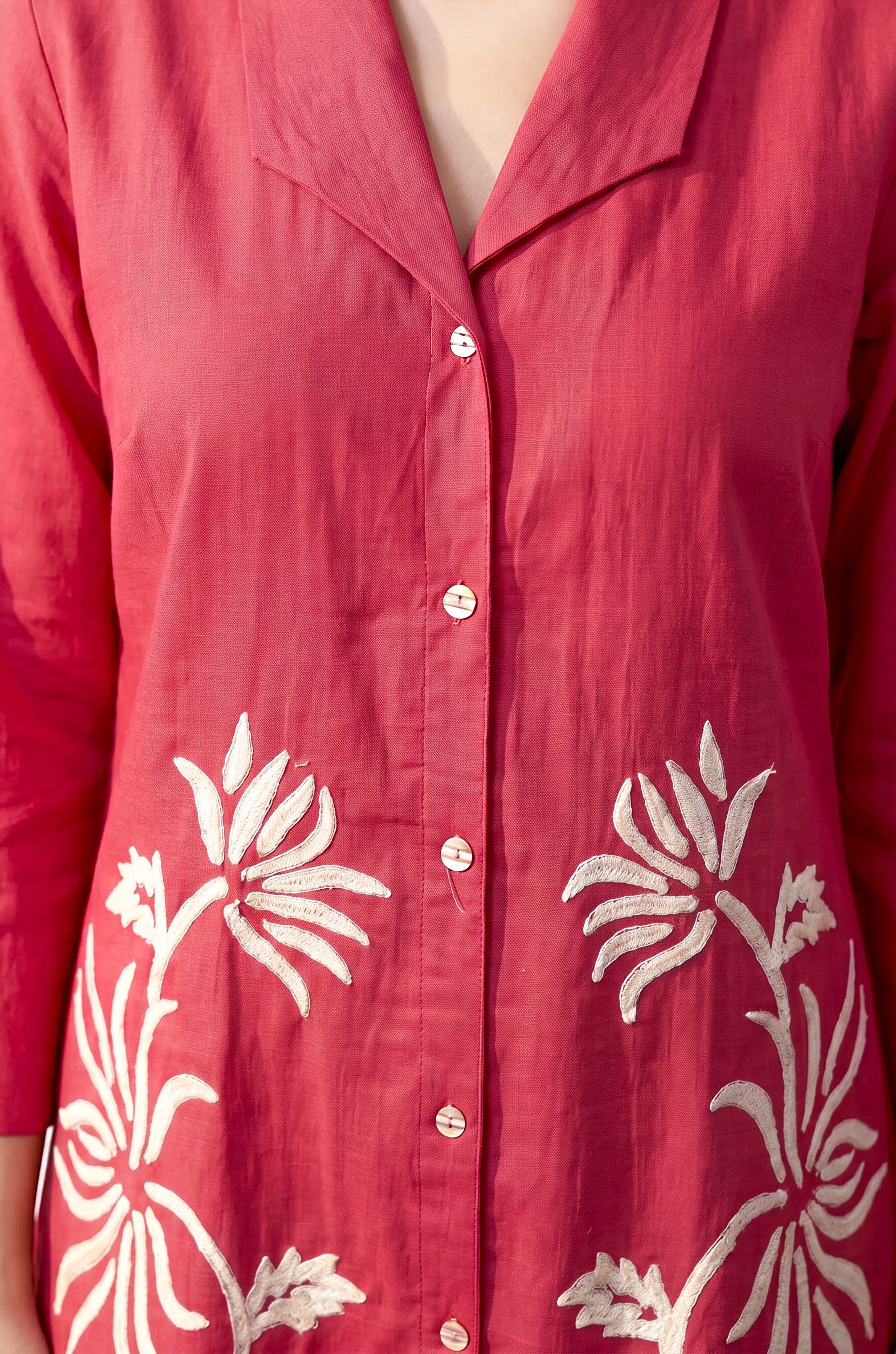 Fuchsia Floral Embroidery Shirt Collar Cotton Flex Co-ord Set