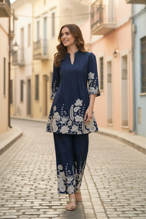 Blue Botanical Floral Printed Cotton Co-ord Set