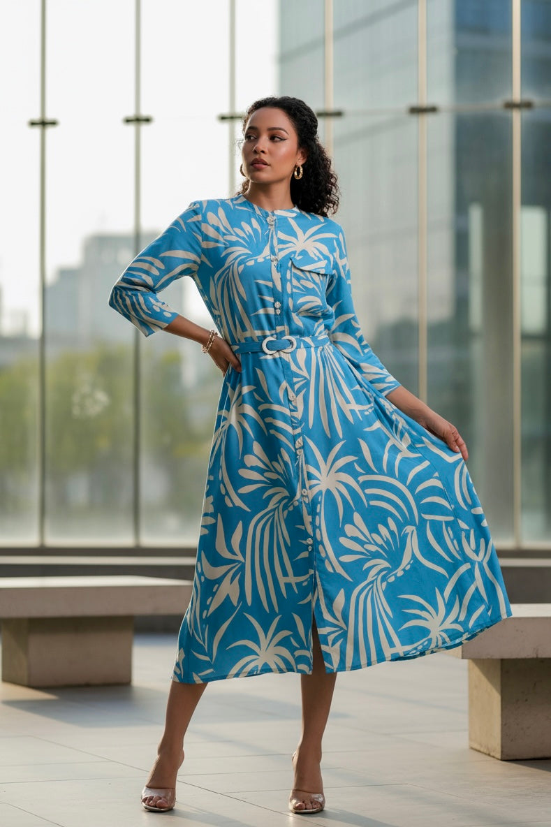 Blue Lagoon Breeze Belted Russian Silk Dress