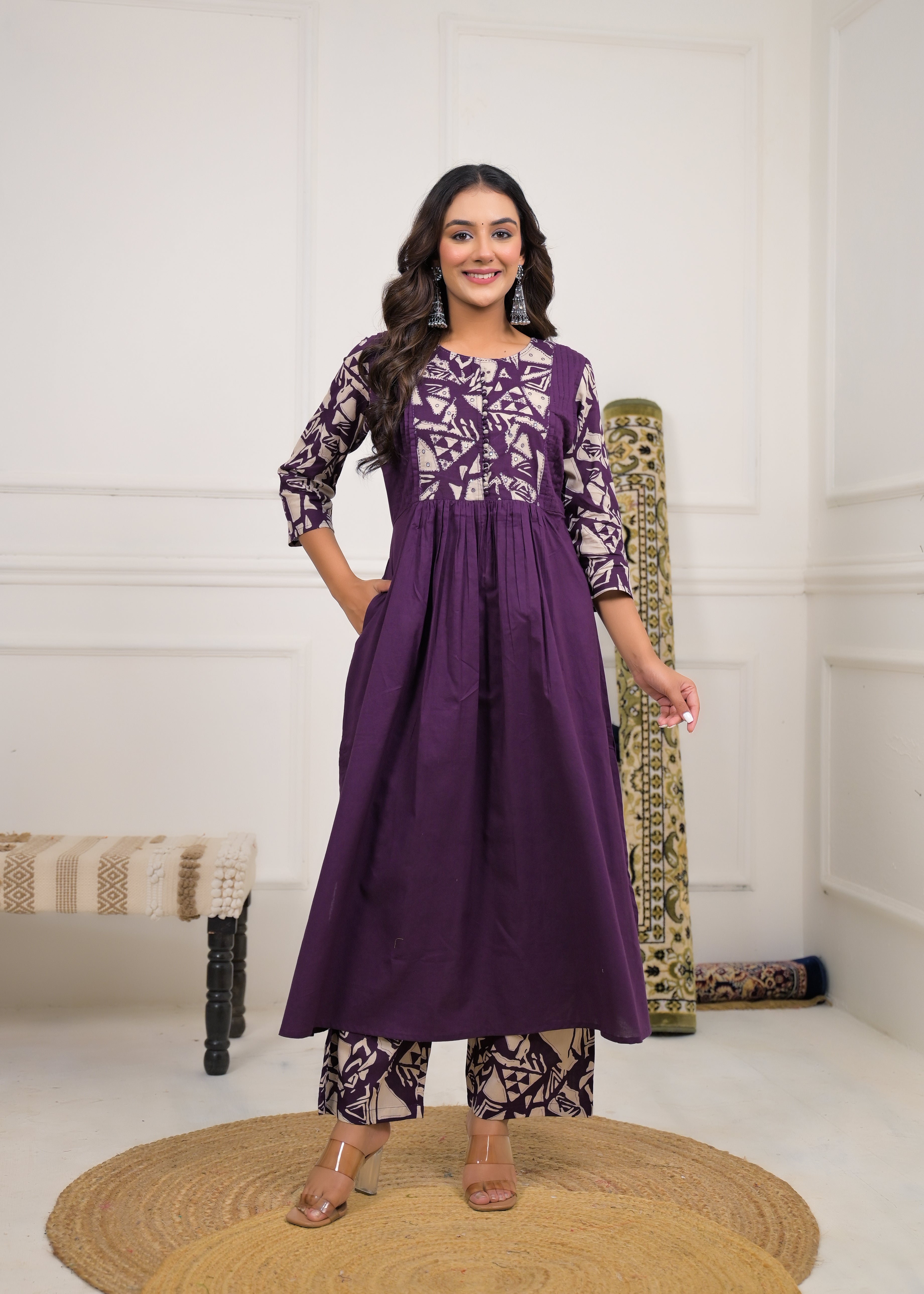 Purple Printed Anarkali Kurta Set with Dupatta