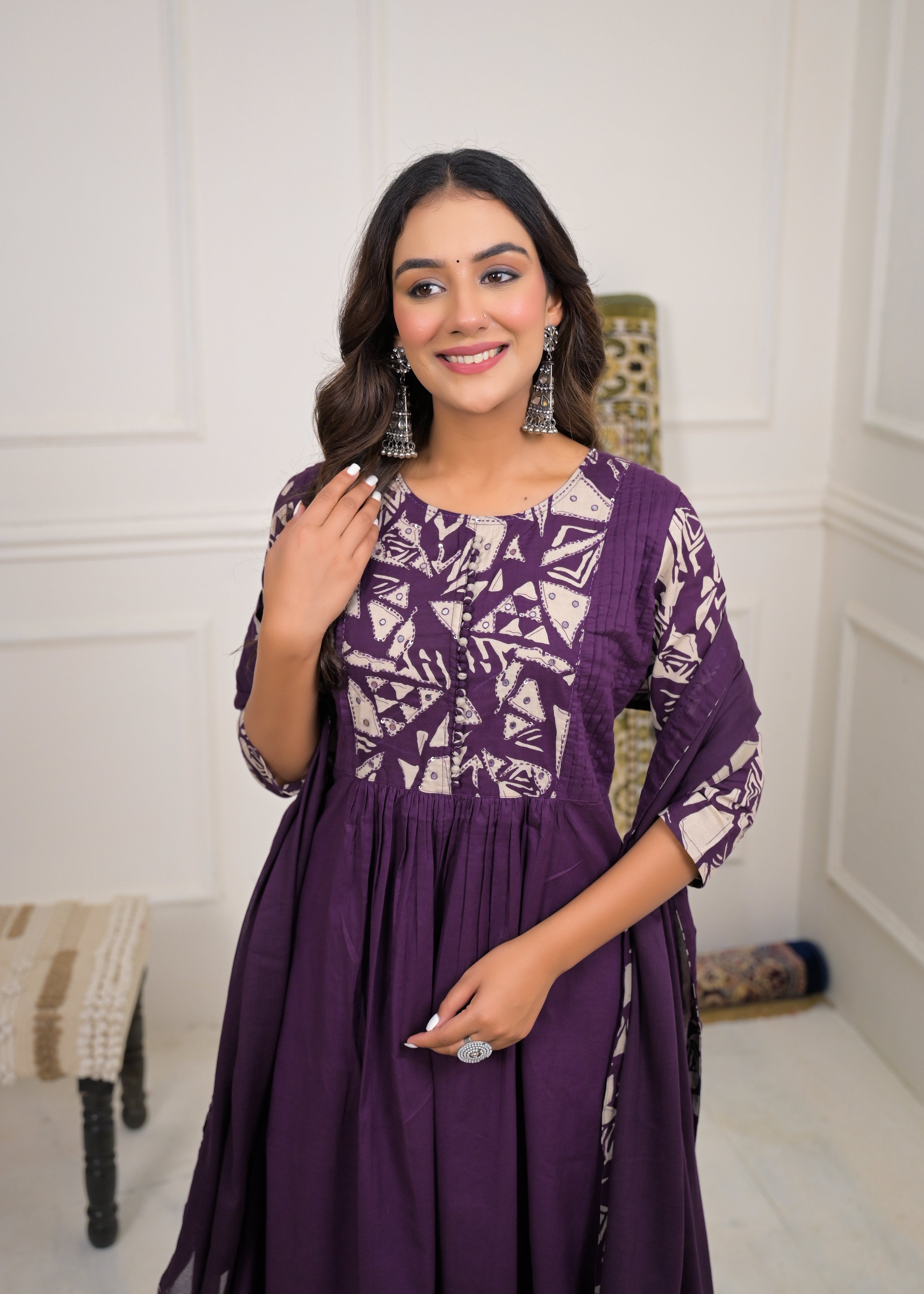 Purple Printed Anarkali Kurta Set with Dupatta