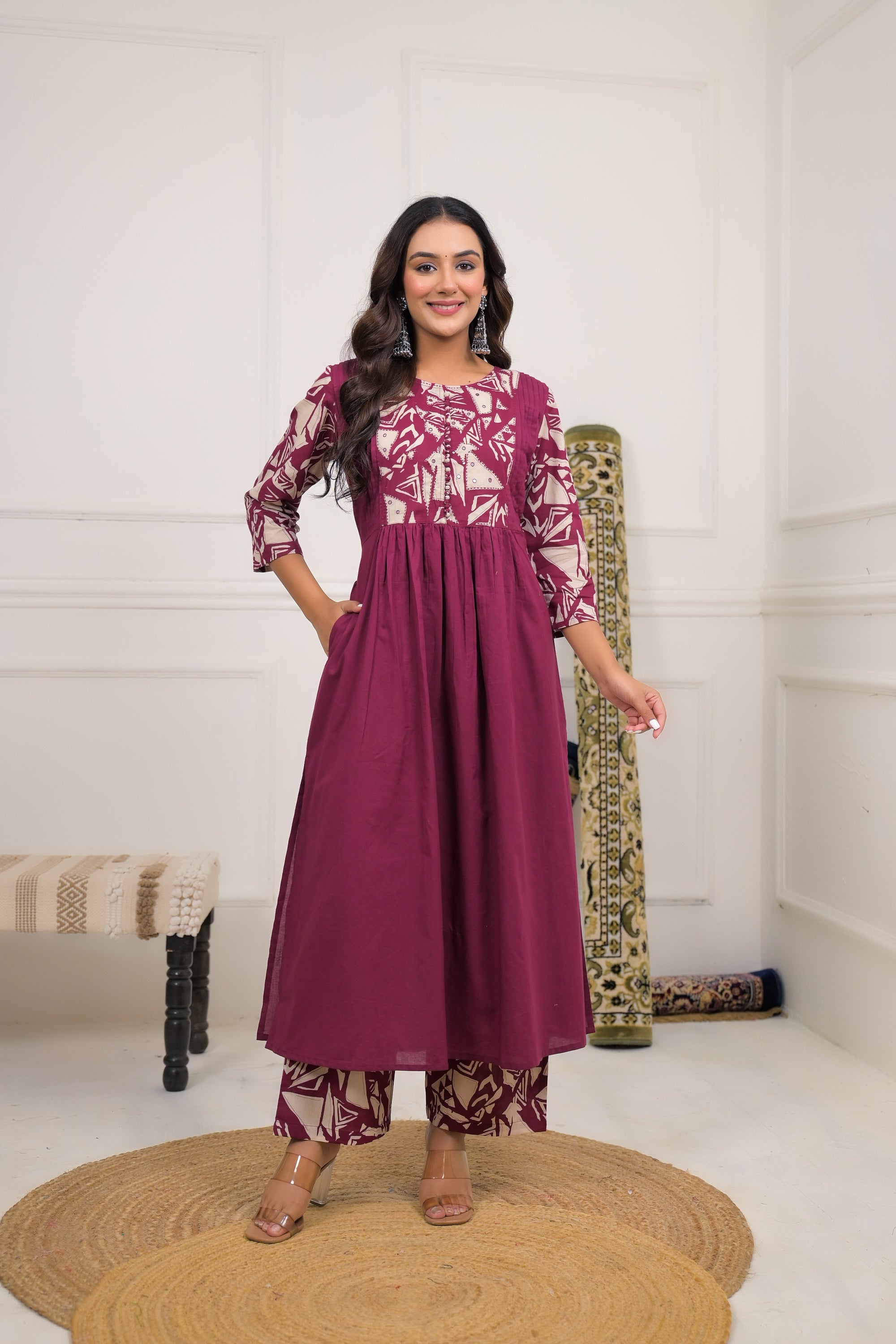 Maroon Printed Cotton Anarkali Kurta Set with Dupatta