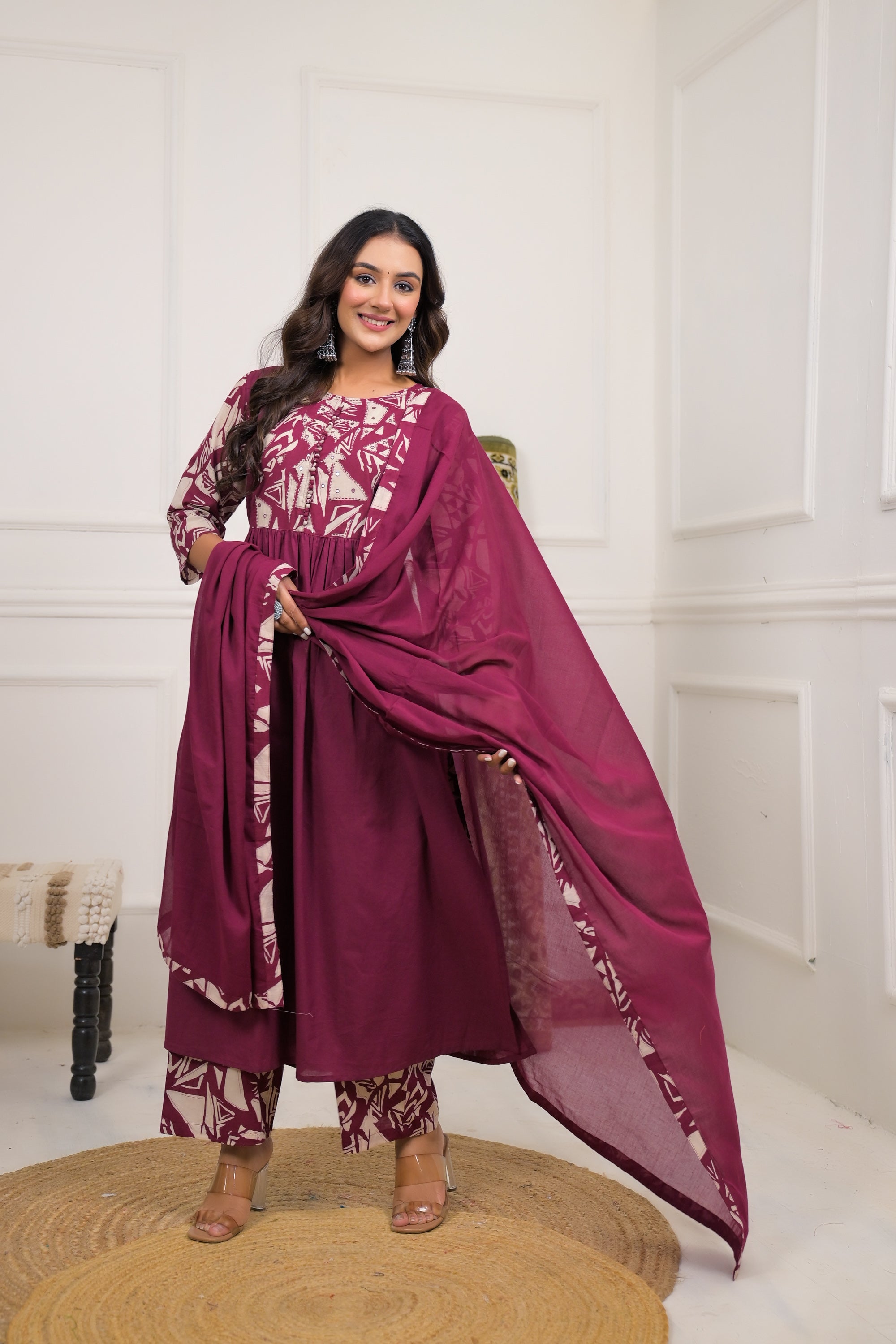 Maroon Printed Cotton Anarkali Kurta Set with Dupatta