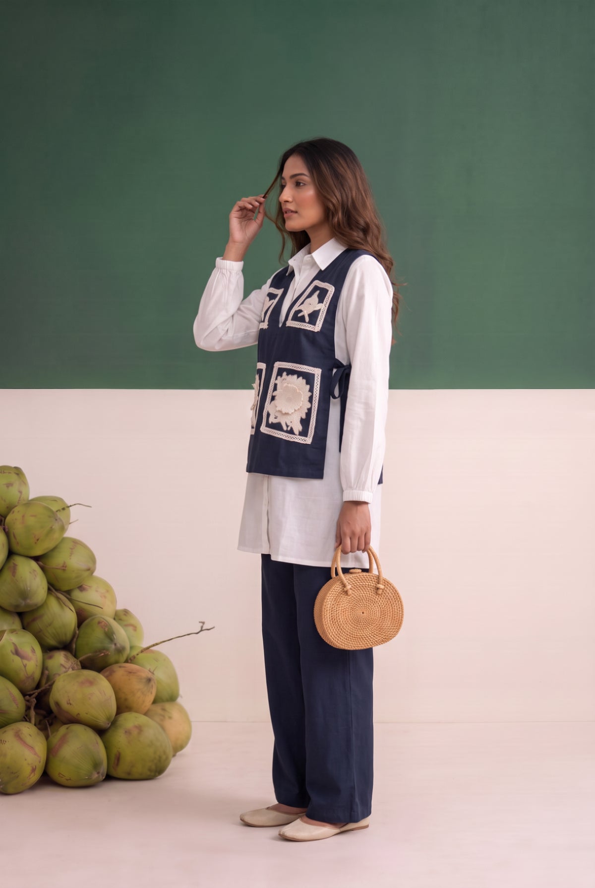 Blue Embroidered Patchwork Waistcoat Cotton Three-Piece Set