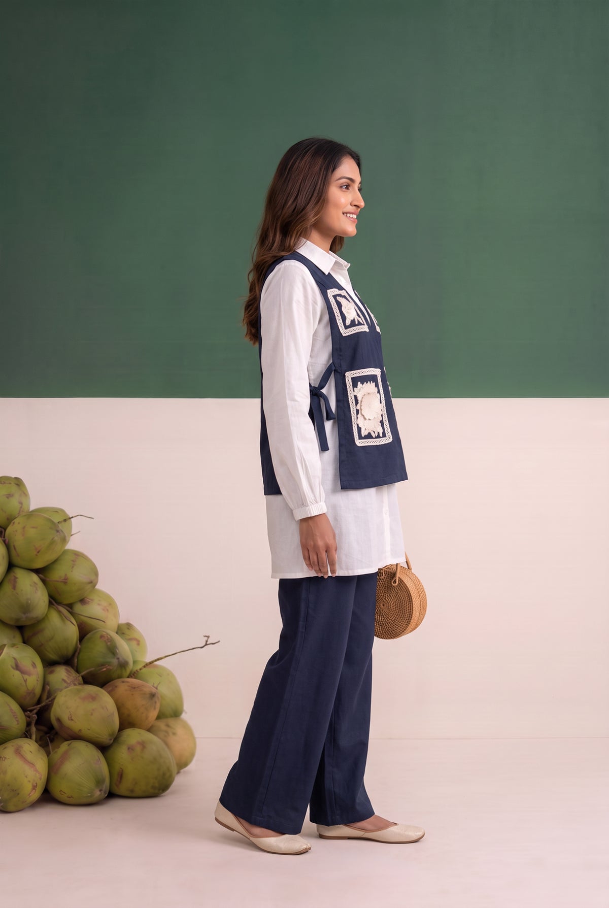 Blue Embroidered Patchwork Waistcoat Cotton Three-Piece Set