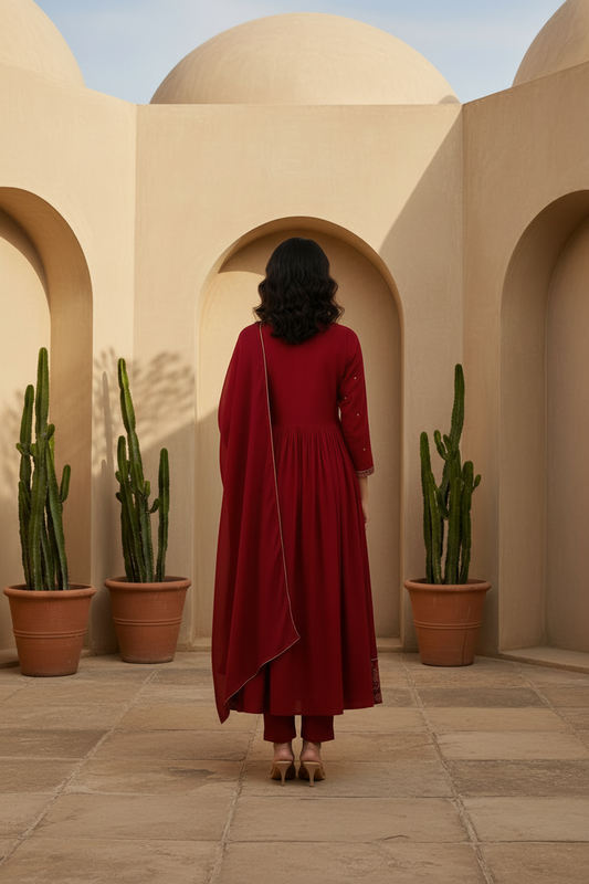 Wine Red Embroidered Kurta Pant Set with Dupatta