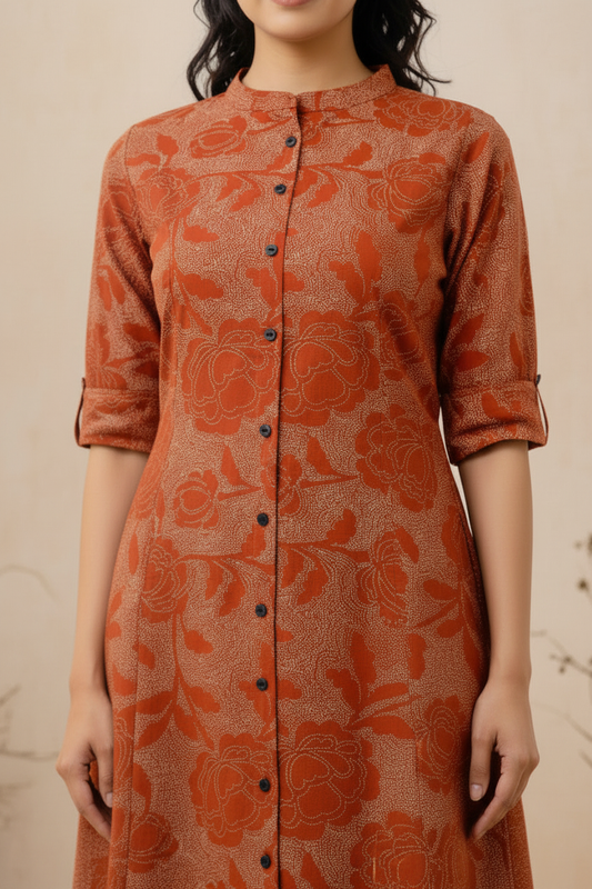 Burnt Rust Floral Jacquard Kurta Pant Set