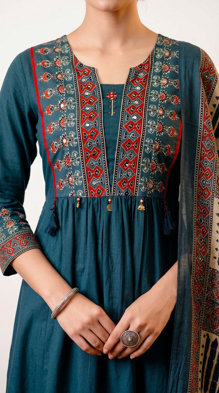Teal Ethnic Fusion Printed Festive Wear Cotton Kurta Set with Printed Dupatta