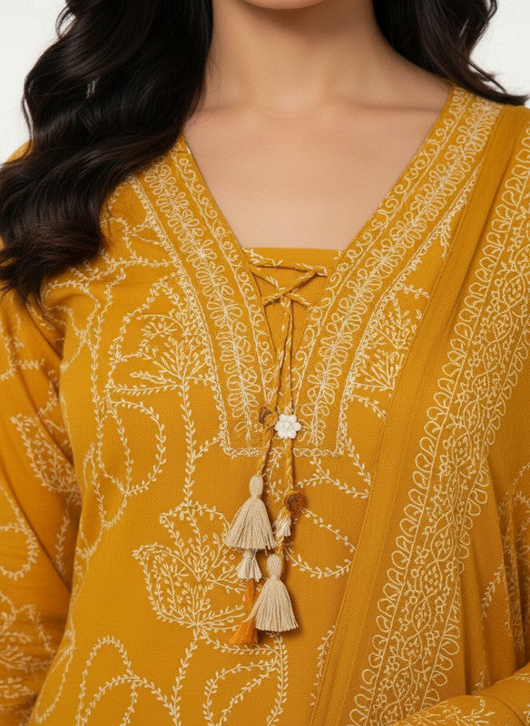 Elegant Mustard Floral Embroidered Kurta Set with Dupatta