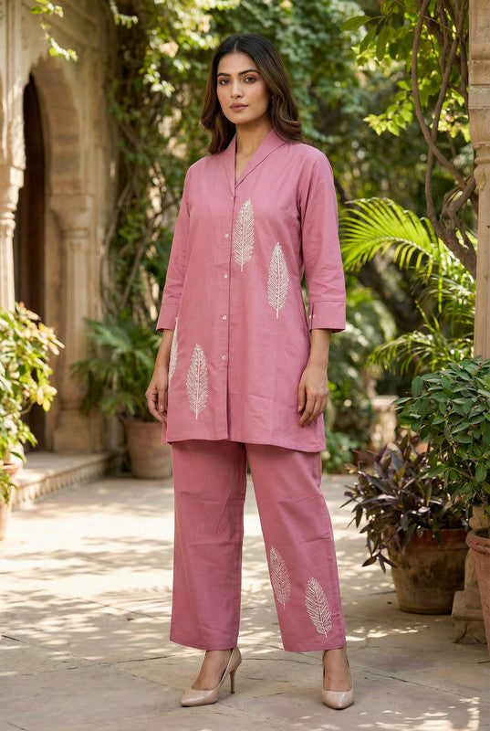 Elegant Dusty Pink Leaf Embroidered Cotton Co-ord Set
