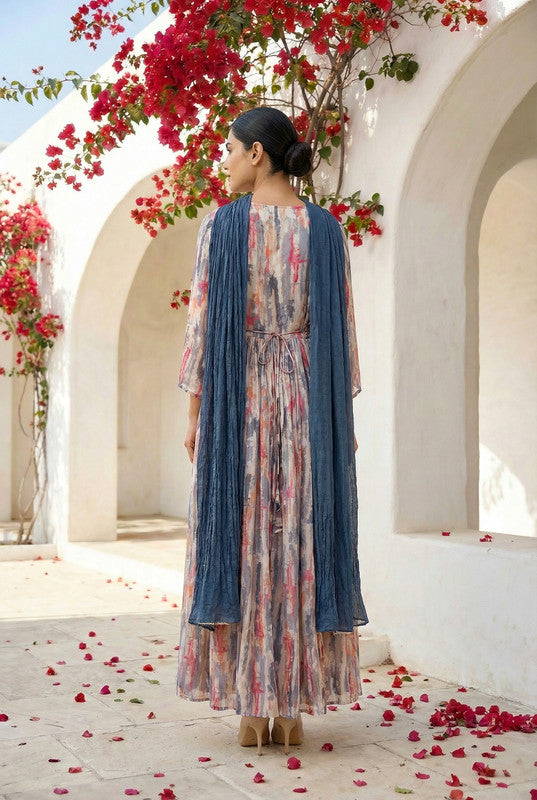 Multicolor Abstract Printed Russian Silk Dress with Dupatta