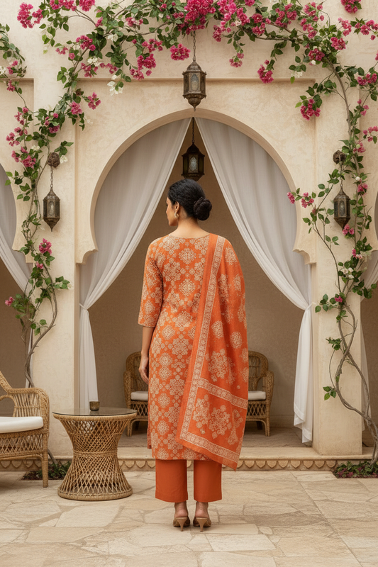 Rust Orange Traditional Print Kurta Pant Set with Dupatta